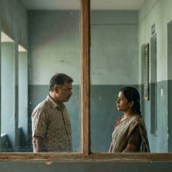 A parent and teacher discuss a child's education system issues through a school hallway window.