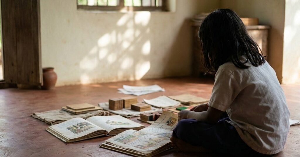 A thoughtful student surrounded by educational materials, reflecting on the schooling system's effectiveness in an Indian classroom.