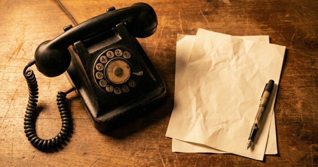 Vintage telephone with blank papers and pen on wooden table, symbolizing early customer call strategies.