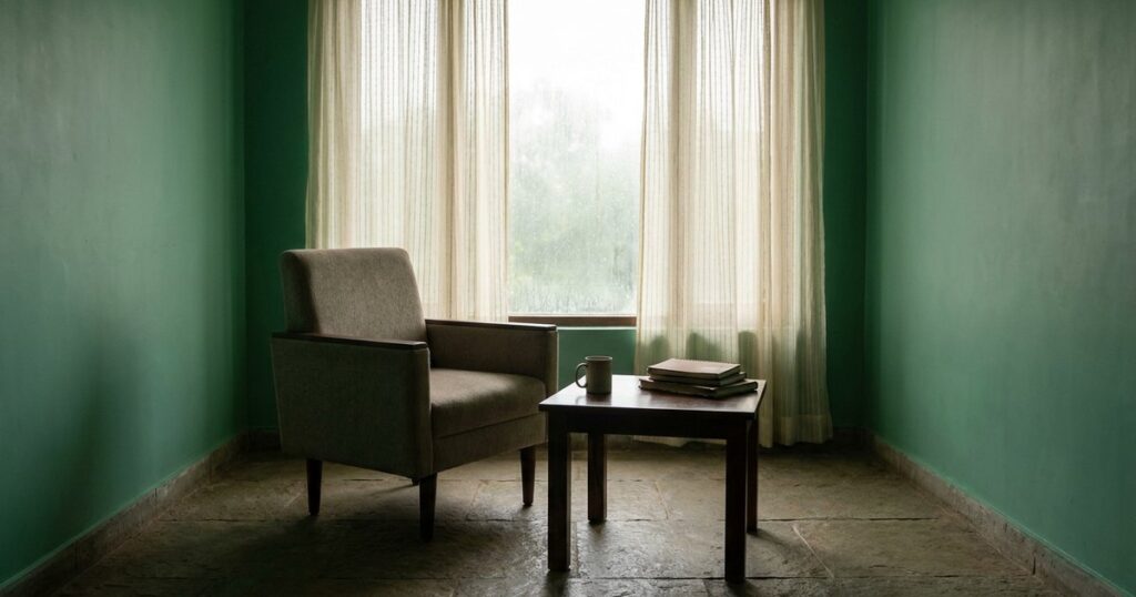 An IVF clinic consultation room, empty with monsoon-green walls and natural stone tones, highlighting patient inquiry topic.