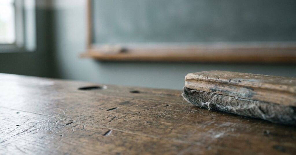 Close-up of a chalk duster on a wooden desk, symbolizing traditional teacher-centered education methods.