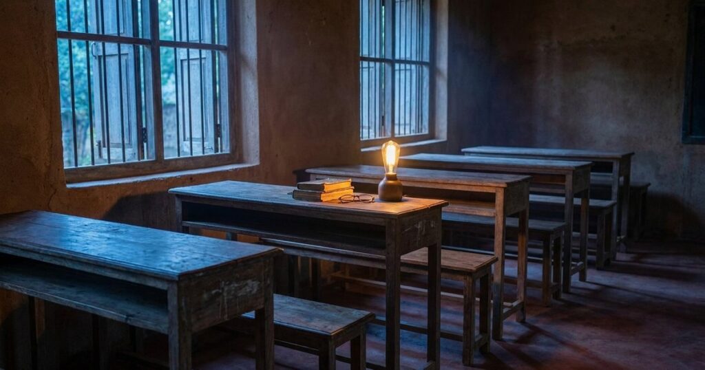 Row of wooden school desks in a classroom, highlighting the transition from industrial to personalized learning models.