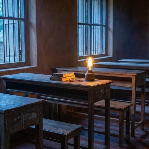 Row of wooden school desks in a classroom, highlighting the transition from industrial to personalized learning models.