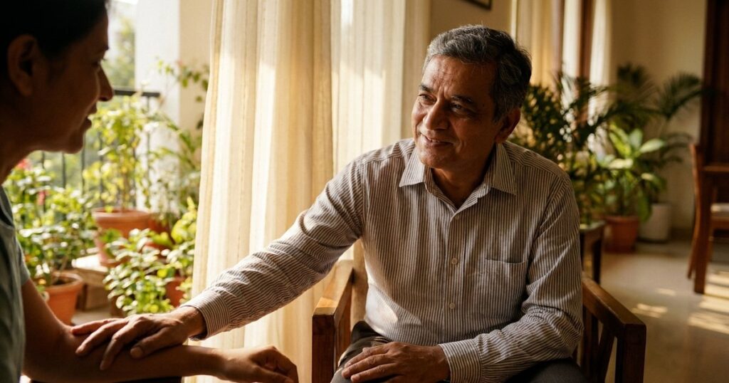 An Indian adult practices calm judgment in a family conversation about investing and a well-lived life