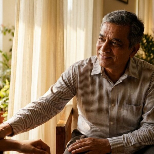 An Indian adult practices calm judgment in a family conversation about investing and a well-lived life