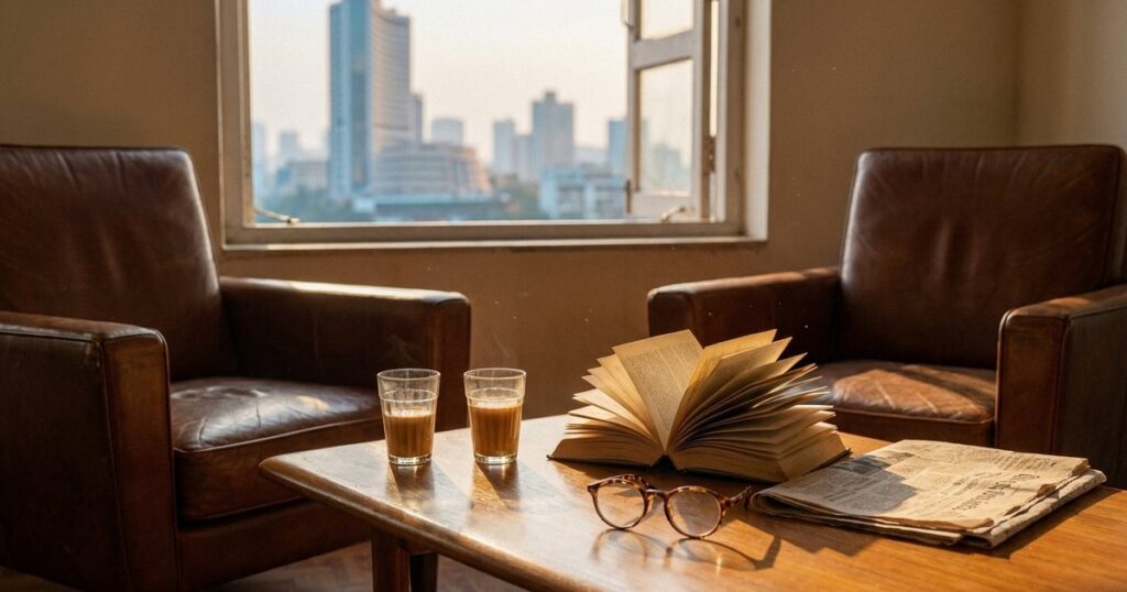 Two empty leather armchairs facing each other over chai and an open book in a Mumbai study, the Bombay Stock Exchange tower visible through the window