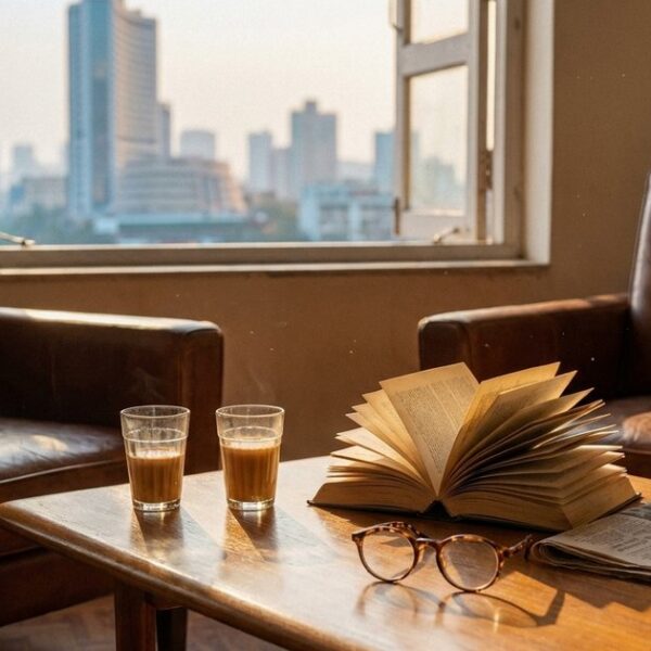 Two empty leather armchairs facing each other over chai and an open book in a Mumbai study, the Bombay Stock Exchange tower visible through the window