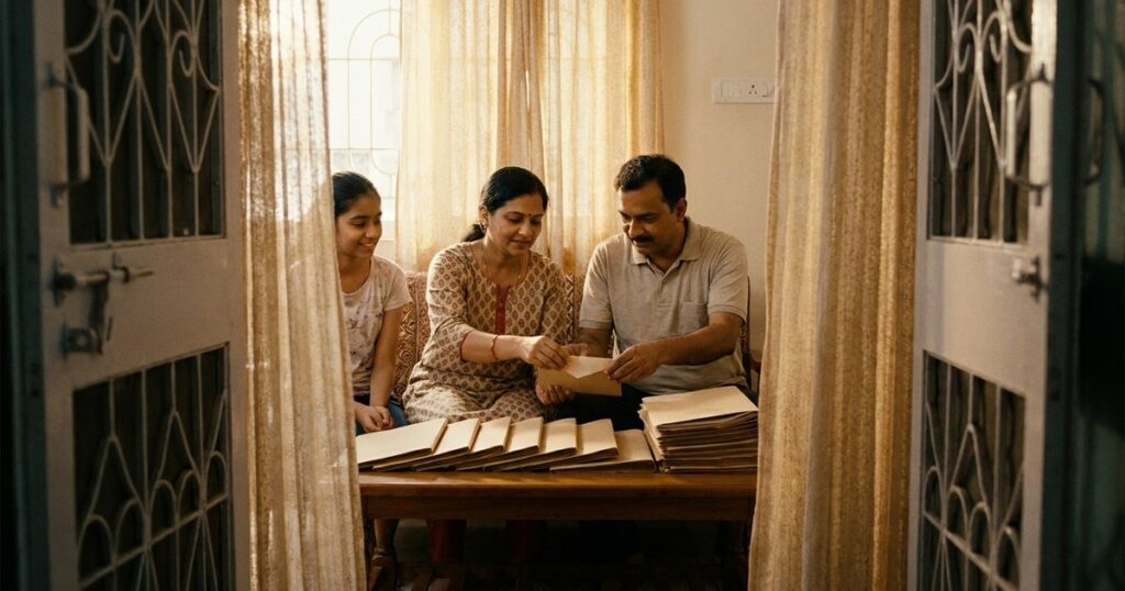 Indian family making regular SIP investments into index funds at home