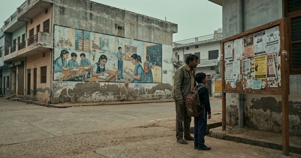 A parent and child at a crossroads, considering educational models in India; central theme of skeptical questions in education.