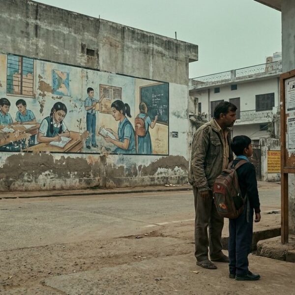 A parent and child at a crossroads, considering educational models in India; central theme of skeptical questions in education.