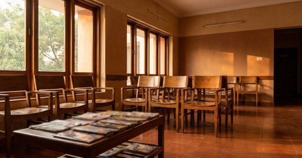 Empty IVF clinic waiting room with warm light, symbolizing patience in entrepreneurship.