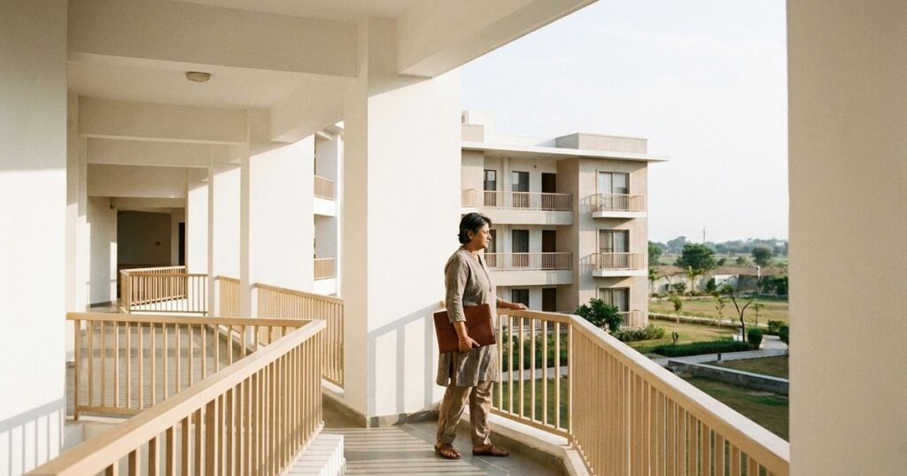 Indian investor walking through a residential complex, reflecting on real estate, gold, and international assets.