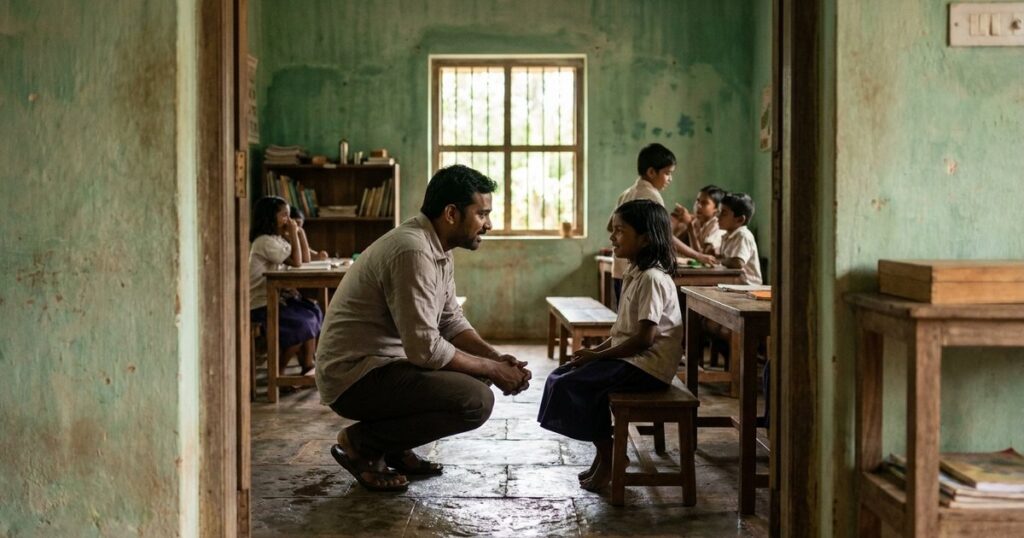 A teacher kneeling next to a student in a classroom highlights the irreplaceable human role in education despite technological advancements.