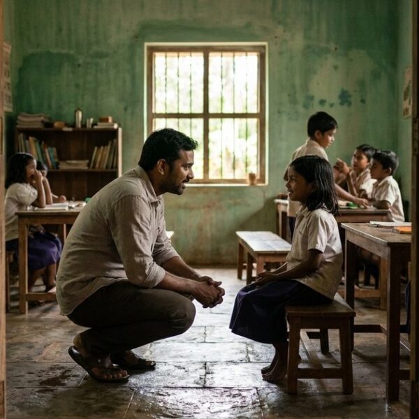 A teacher kneeling next to a student in a classroom highlights the irreplaceable human role in education despite technological advancements.