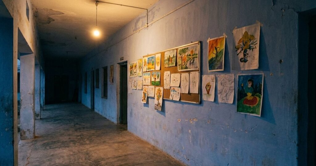 An empty Indian school corridor at dusk, emphasizing the educational shift from traditional to self-directed learning.