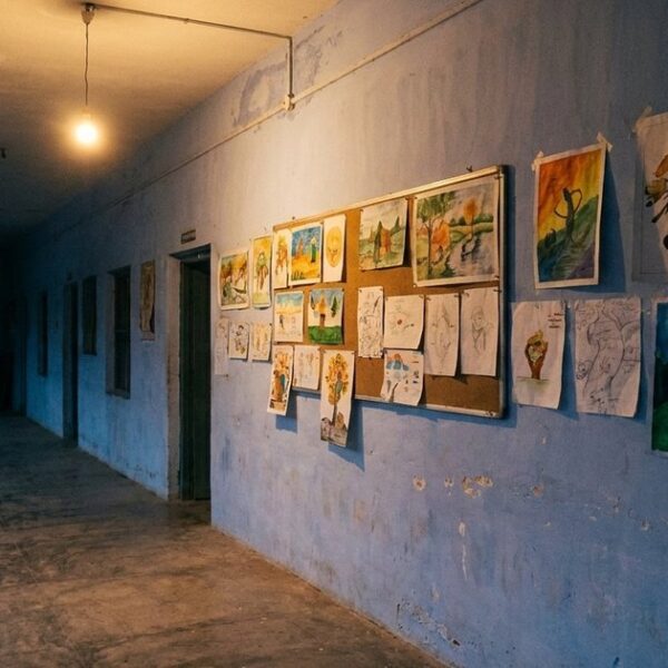 An empty Indian school corridor at dusk, emphasizing the educational shift from traditional to self-directed learning.