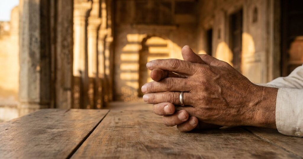 Hands of a couple intertwined, symbolizing resilience in IVF and startup journeys, with Indian backdrop in warm light.