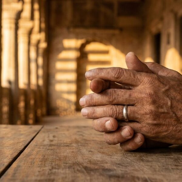 Hands of a couple intertwined, symbolizing resilience in IVF and startup journeys, with Indian backdrop in warm light.