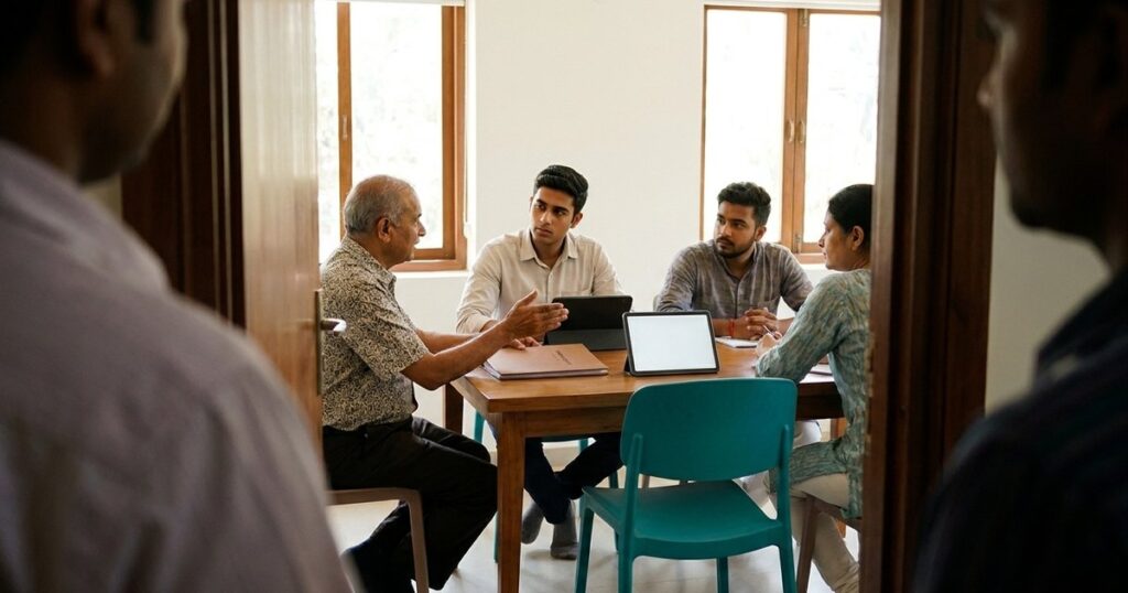 Indian investors learn to verify AI-assisted annual report analysis in a bright community room