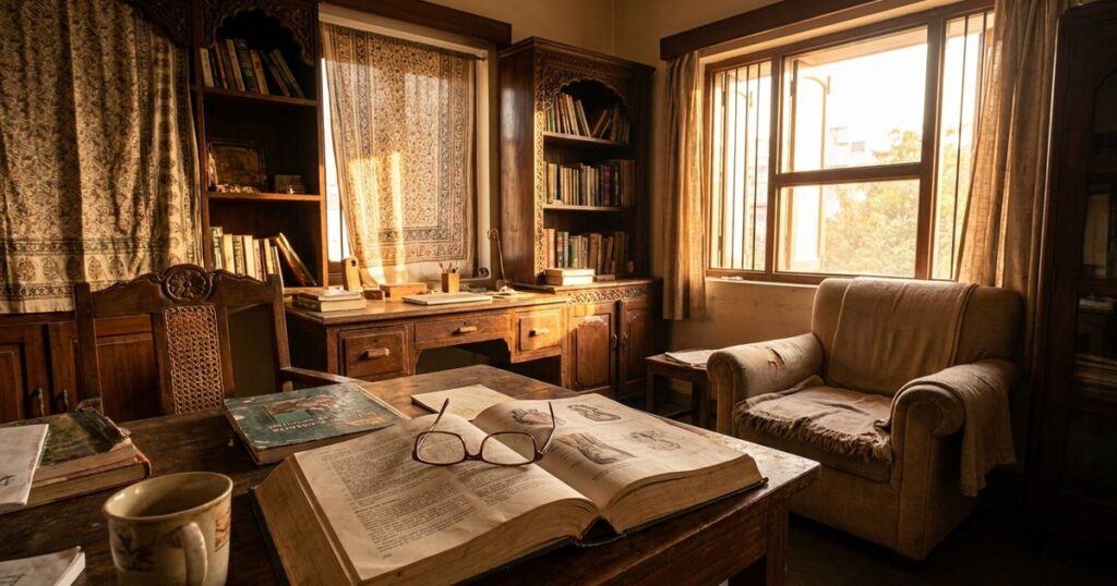 An Indian room in warm light with open medical book, symbolizing the choice between vasectomy reversal and IVF.