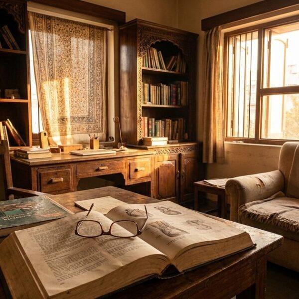 An Indian room in warm light with open medical book, symbolizing the choice between vasectomy reversal and IVF.