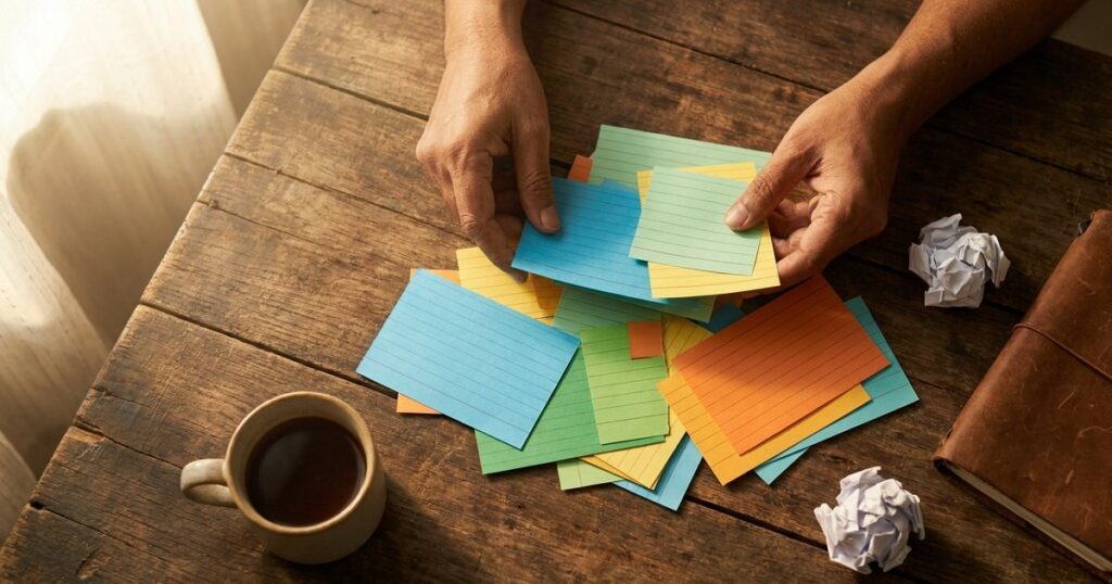 Hands organizing index cards, representing the exploration of venture capital jargon for Indian founders.