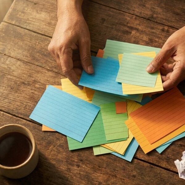 Hands organizing index cards, representing the exploration of venture capital jargon for Indian founders.