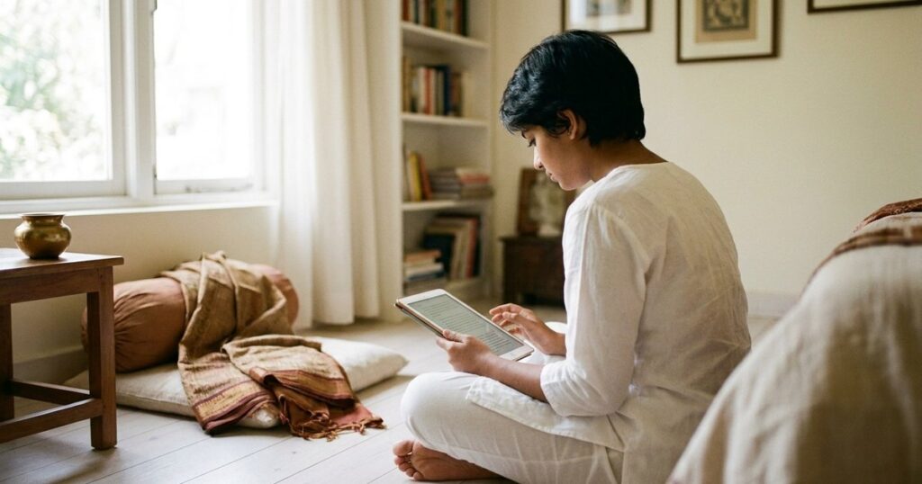 A student in an Indian setting evaluates AI content, highlighting human involvement importance.