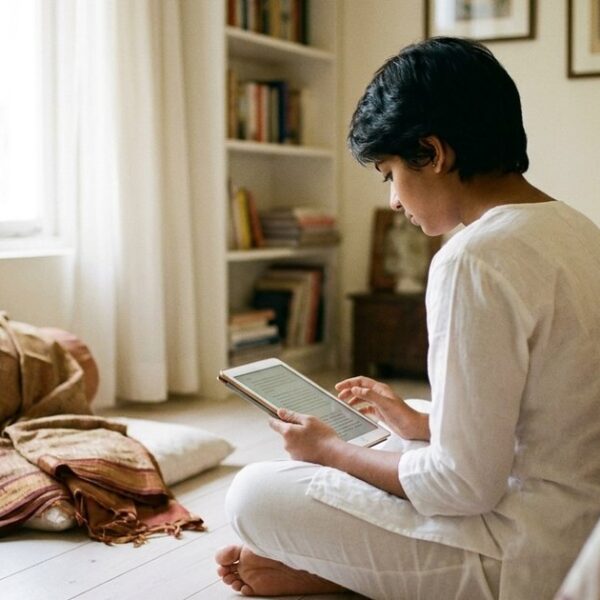 A student in an Indian setting evaluates AI content, highlighting human involvement importance.