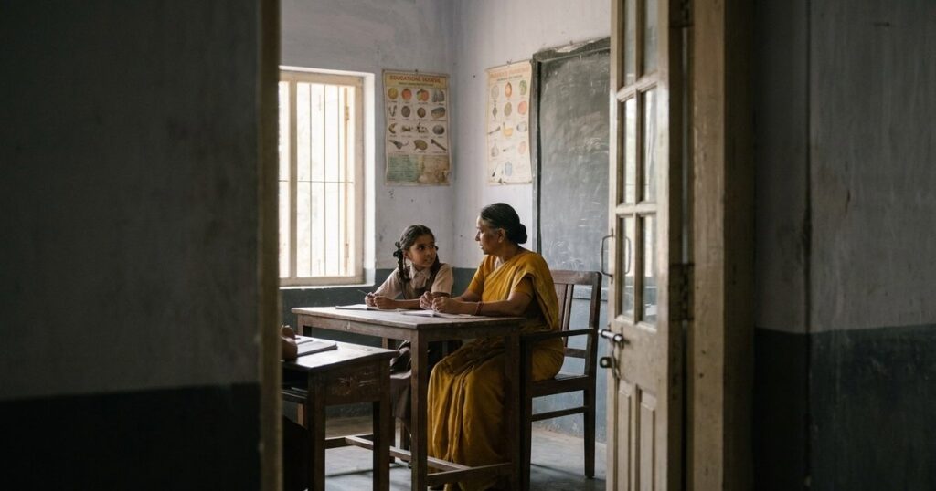 Teacher and student having an informal discussion about the evolving purpose of education, seen through a doorway.