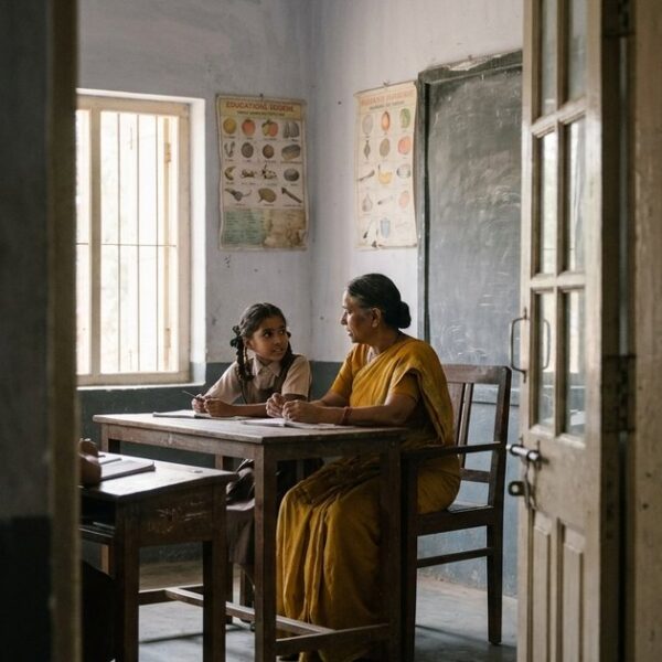 Teacher and student having an informal discussion about the evolving purpose of education, seen through a doorway.