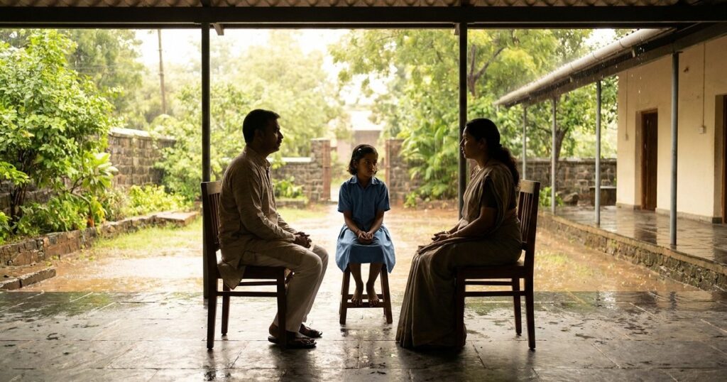 Parent, teacher, and child discuss learning during a school meeting in a rain-wet Indian courtyard