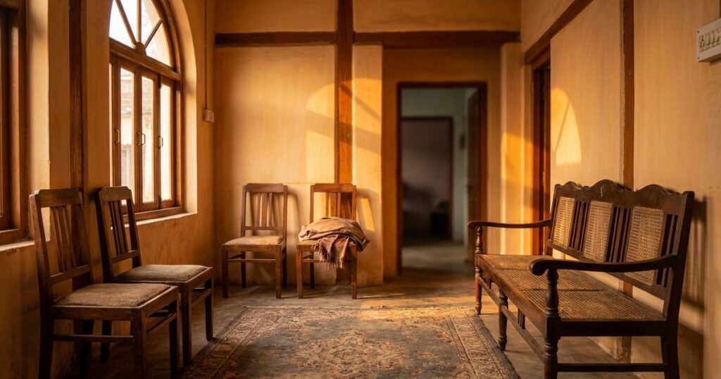 Warmly-lit Indian clinic waiting area with strong architectural lines, evoking parallels between startups and infertility struggles.