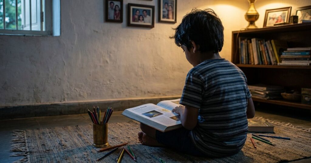 A boy in India deeply engaged with a science book, reflecting the topic of AI tutors in education.