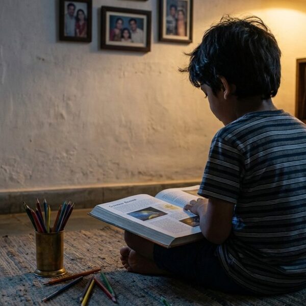 A boy in India deeply engaged with a science book, reflecting the topic of AI tutors in education.