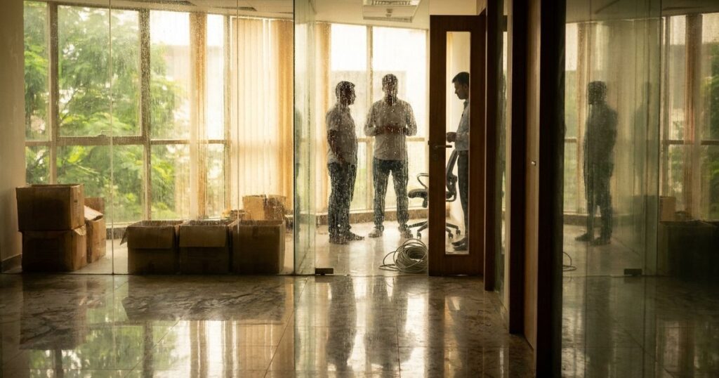 A founder and colleague meet through glass, evoking the collapse of Byju’s and its founder’s lost control.