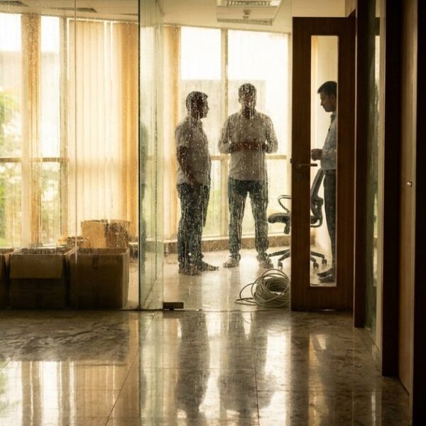 A founder and colleague meet through glass, evoking the collapse of Byju’s and its founder’s lost control.