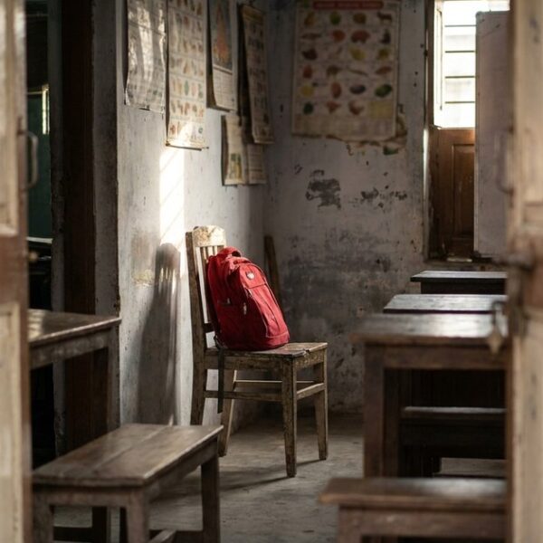 A tutoring center doorway scene embodies Byju's collapse, capturing educational ambition and challenges in India.