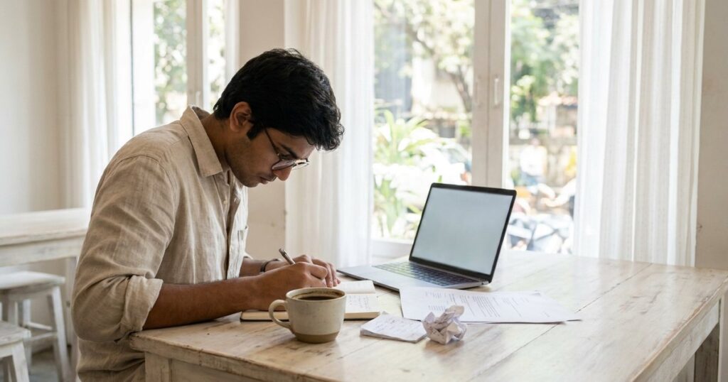A young Indian founder focused on work, highlighting the importance of passion over polished presentations in startups.