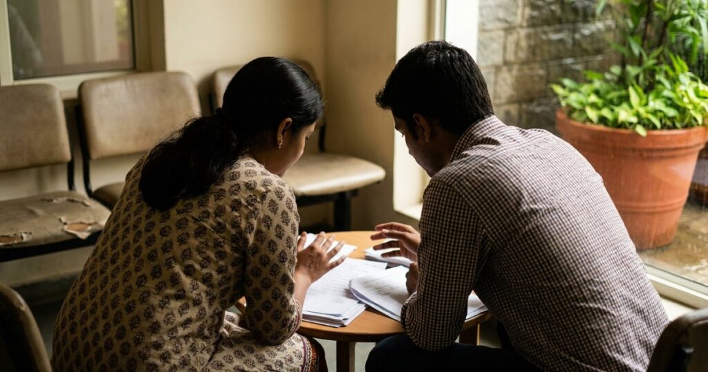 A couple reviews paperwork in a clinic, reflecting on data-driven decisions in IVF and investing.