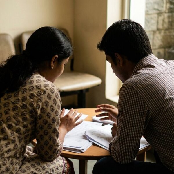 A couple reviews paperwork in a clinic, reflecting on data-driven decisions in IVF and investing.