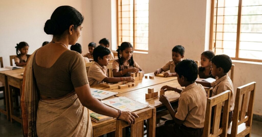 Indian teacher observes students collaborating in a classroom, illustrating challenges in educational reform.