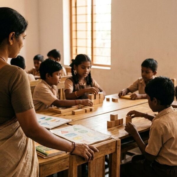 Indian teacher observes students collaborating in a classroom, illustrating challenges in educational reform.