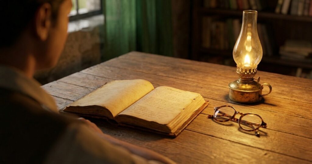 An open almanac and reading glasses on a table with a brass oil lamp, symbolizing value investing insights in India.