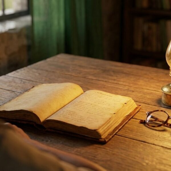 An open almanac and reading glasses on a table with a brass oil lamp, symbolizing value investing insights in India.
