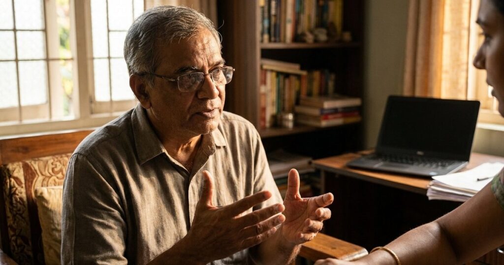 An Indian entrepreneur discusses work-life balance with a family member in a warm, home-based setting.